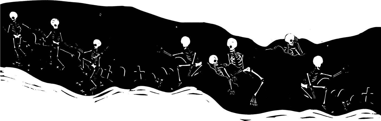 Black and white image of skeletons rising from their graves.